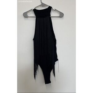 Women's Western Boho Fringe Trim Sleeveless Bodycon Halter Bodysuit looks like L